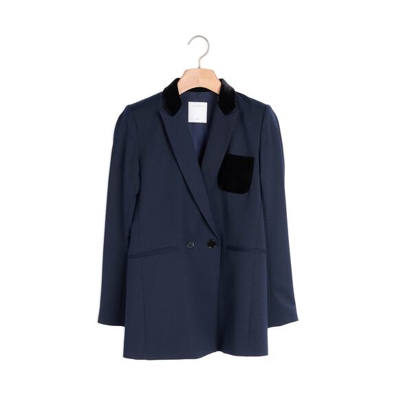 Sandro Tailored Jacket With Velour Pocket - 38 - Navy Blue - Picture 6 of 7